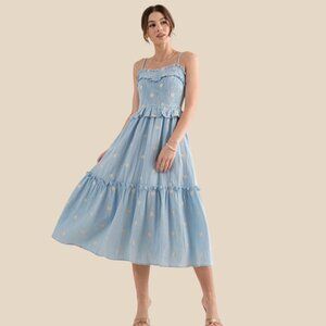 Blue Smocked Midi Dress Floral Embroidery Tiered Cottagecore Sundress (Small)
